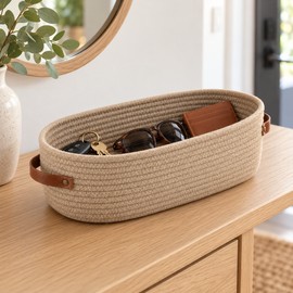 Oval Woven Fabric Storage Basket in White – Multifunctional Bathroom Organizer, Desktop Organizer, Toilet Paper Holder and Toy Basket