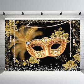 MEHOFOND Masquerade Ball Backdrop Black Gold Masquerade Party Photography Background Mardi Gras Carnival Costume Party Decorations Sweet 16 Dress-Up Banner Supplies Photo Studio Props 7x5ft