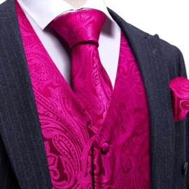 Barry.Wang Mens Paisley Hot Pink Tie and Vest Set with Pocket Square Cufflinks WaistCoat Suit for Tuxedo