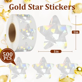 Silver Star Stickers,1 inch Holographic Star Stickers Roll for Kids Reward,500 PCS (Silver)