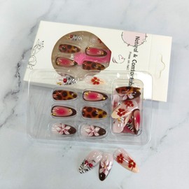 Trendy Press on Nails French Tip Fake Nails with Zebra Tortoise Leopard Print Designs Flower Cherry Acrylic False Nails Medium Almond Stick on Nails Glossy Glue on Nails for Coquette Women 24Pcs