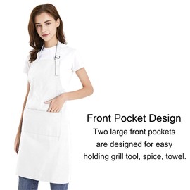 TOPTIE Unisex Cotton Canvas Adjustable Chef Kitchen Aprons with 2 Pockets-White-XL