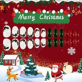 Mkwntg Christmas Press on Nails Short Almond Fake Nails Glossy Red Green Solid Color False Nails Cute Winter Xmas Holly Snow Full Cover Glue on Nails Reusable Acrylic Nails for Women Manicure 24Pcs