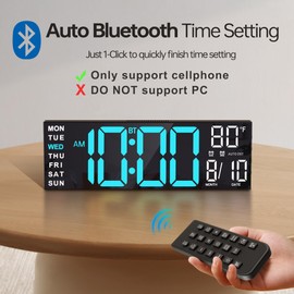 JALL 16.2" Large Digital Wall Clock with Seconds, Bluetooth Sync, Alarm, Big LED, RGB Color, DST, Temperature for Classroom Bedroom Garage Gym, Mount, Xmas, Birthday Gift, Mother Father, Blue White