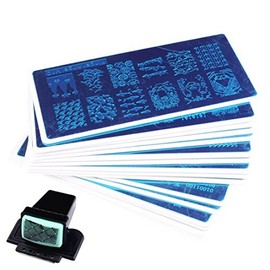 Finger Angel 16 Different Design Nail Art Stamping Plates with White Holder Nail Template + 1 Pcs Square Green Rubber Stamper DIY Nail Art Image Stamp Plate Manicure Template Nail Art Tools