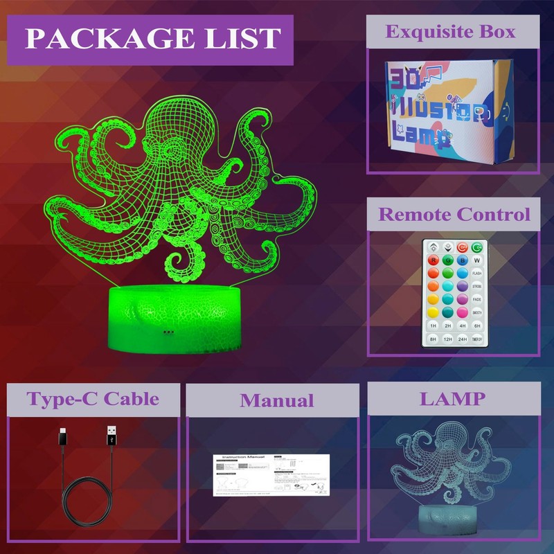 POSSHE Octopus Night Light, 3D Illusion Night Light Lamp, Octopus