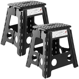 Casafield 16" Folding Step Stool with Handle (Set of 2), Black - Portable Collapsible Small Plastic Foot Stool for Adults - Use in The Kitchen, Bathroom and Bedroom