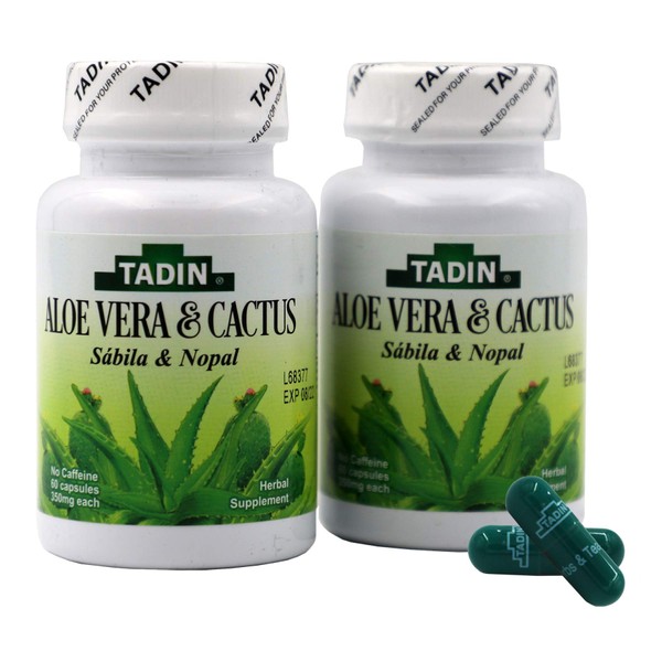 Tadin Aloe Vera and Cactus Capsules, Herbal Supplement, Excellent Fiber Source, 2 Count, 60 Caps Each, 2 Jars