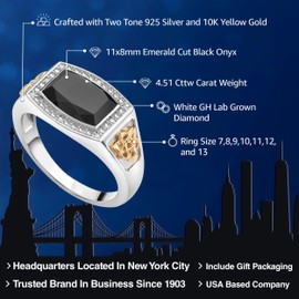 Gem Stone King 4.51 Cttw Black Onyx and White Lab Grown Diamond Ring For Men Set In 925 Silver and 10K Yellow Gold | Emerald Cut 11X8MM | Available In Size 7, 8, 9, 10, 11, 12, 13