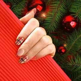 Red Christmas Press on Nails Short Almond French Tip Nails Christmas Red Green Black Lattice Fake Nails Full Coverage False Nails with Nail Glues for Women Girls Christmas Nails Accessories 24Pcs