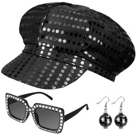 Dreamtop 3Pcs Black Abba Blue Hat Disco Hat for Adults Abba Cap 70s Abba Accessories with Black Hat Sunglasses Earrings Abba Costume Set for Women Theme Party Birthday Dance