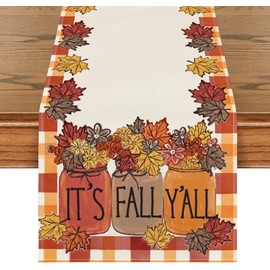 It's Fall Y'all Thanksgiving Fall Table Runner Home Kitchen Dining Pumpkins Maple Leaves Harvest Vintage Table Flag for Indoor Outdoor Decor 13 x 72 Inch