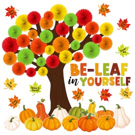 Gersoniel 81 Pcs Fall Thanksgiving Tree Bulletin Board for Classroom Be Leaf in Yourself Thanksgiving Tree Bulletin Board Decorations 3D DIY Paper Fans Pumpkin Cutouts Autumn School Home Wall Decor