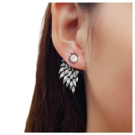 Allereya Vintage Angel Wings Ear Jacket Earrings Crystal Wings Earrings Silver Cz Feather Stud Earrings Rhinestone Wings Stud Earrings Jewelry for Women and Girls