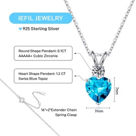 925 Sterling Silver Birthstone Necklace for Women, 1.2 Ct Heart Birthstone Necklace Jewelry Anniversary Valentines Day Gifts for Her Mothers Day Christmas Birthday Gifts for Women Mom Wife Girlfriend,