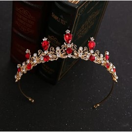 YOVEKAT Rhinestone Princess Tiara Headband Bridal Wedding Party Crown Headband (Red)