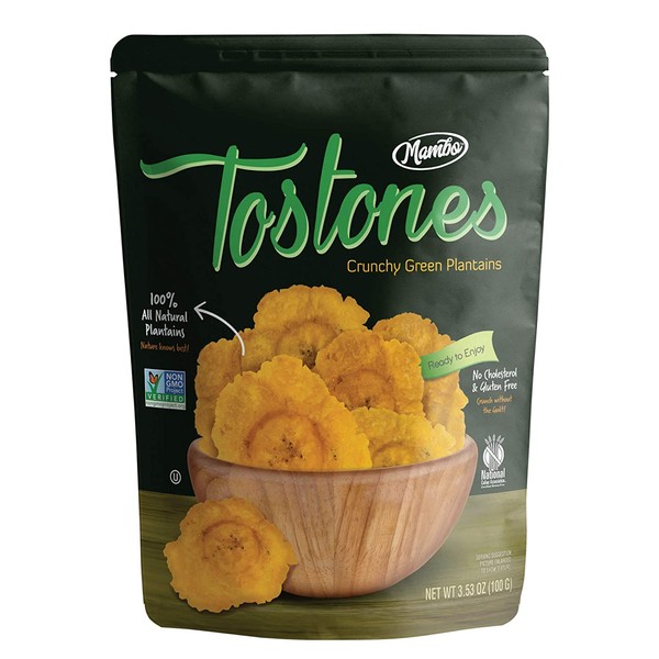 Mambo Tostones, All-Natural Green Plantains Tostones, 3.53 oz unit,1 bag, Plantain Chips, Tostones Chips, Gluten-Free, Only Three Ingredients Tostones