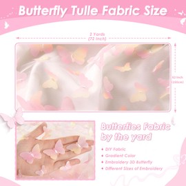 Rainbow Pink Tulle Fabric Rolls: 2 Yards 3D Butterfly Embroidery Fabric - DIY Cloth for Birthday Party Decorations