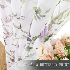 Tollpiz Floral Sheer Curtain Valance Purple Cherry Flower Butterfly Print Living Room Valance Curtains Rod Pocket Voile White Sheer Curtain Valances for Bedroom, 54 x 16 inches Long, Set of 1 Panel