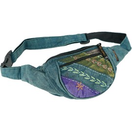 GURU SHOP Embroidered ethnic sidebag, Nepal belt bag, brown, men/women, cotton, 15 x 20 x 8 cm, festival bum bag, hippie, petrol, Casual
