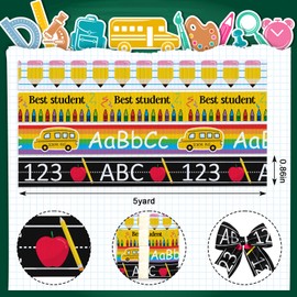 4 PCS Back to School Grosgrain Ribbons 3/4" School Decor Ribbons 5 Yards, School Bus Pencil Crayon Craft Ribbons for First Day of School Party Favor Decoration Holiday Gift Packaging DIY Supplies