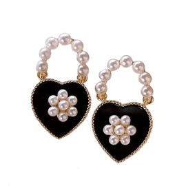 Fashion Jewelry ~ Black Heart with Faux Pearl Flower Stud Earrings for Women Casual