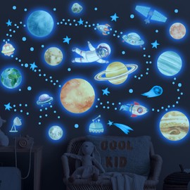 Watercolor Glow in The Dark Stars Solar System Wall Decals, Kids Planets Sticker for Ceiling, Astronaut Wall Stickers for Bedroom（Blue）