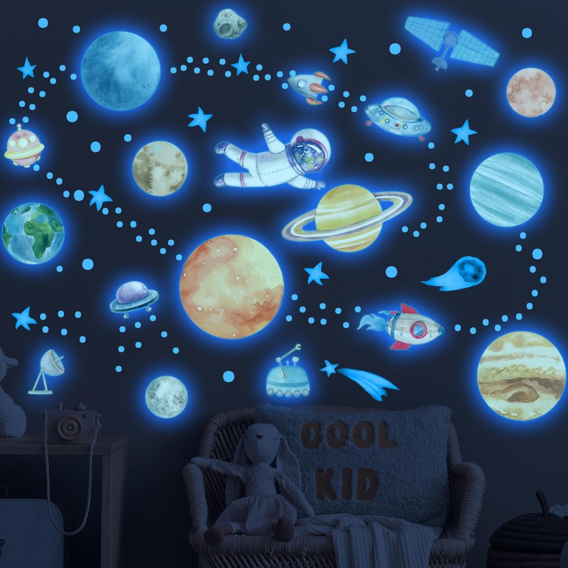 Watercolor Glow in The Dark Stars Solar System Wall Decals,