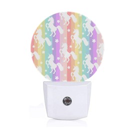 Axayaz Colorful Unicorns Plug in Night Light Rainbow Stripes White Horses Stars Auto LED Lamp Energy Saving Round Lights for Boys Girls Men Women