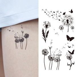 Oottati 2 Sheets Tiny Small Temporary Tattoos For Women Men Finger Hands Neck Wrist Face, Cute Long Lasting Cartoon Fake Tattoo Stickers For Kids Boys Girls Black Dandelion Butterfly Totem