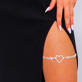 Woeoe Sparkly Rhinestone Thigh Chain Silver Heart Leg Chains Body Jewelry for Women
