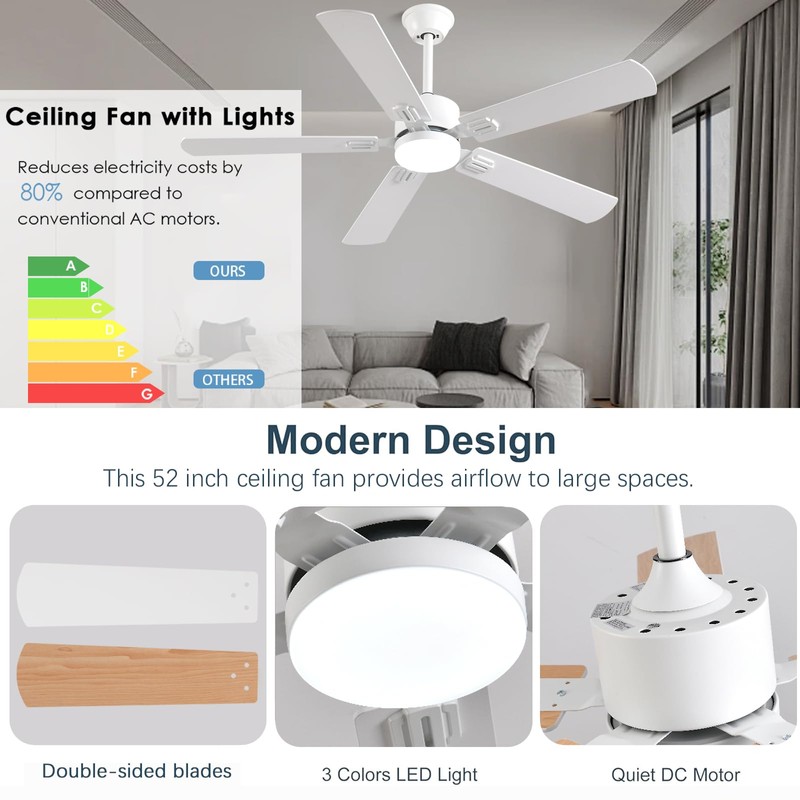 FUMLTP 52 inch Modern White Ceiling Fans with Lights APP/Remote