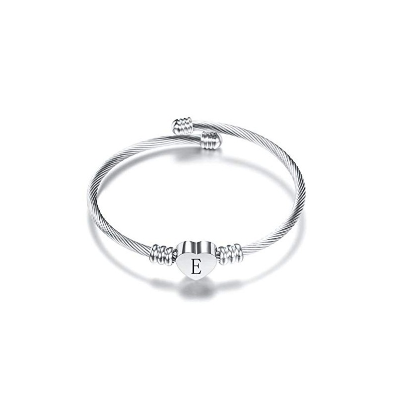 FGT Initial Heart Letter Bracelet Women Silver E Cuff Bracelet