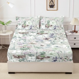 HCORA Fitted Sheet Full & Pillowcases - 100% Brushed Microfiber Floral Fitted Sheet Deep Pocket Up to 16" - Ultra Soft, Shrinkage & Fade Resistant (Full)