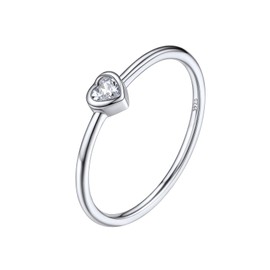 Silvora Simple women's ring, stackable with white/black zircons made of S925 silver, single acher simple ring with round/heart-shaped zirconia in round cut, ring size J (14.8) - 67 (21.4) in silver,