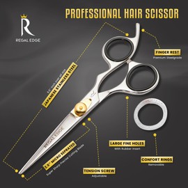 Hair Cutting Scissors 6.5” – Professional Hair Scissors for Men & Women – Razor Edge Barber Scissors with Golden Tension Screw, Comb, Rings & Cloth – Hair Shears for Home & Salon