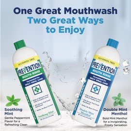 Prevention Daily Care Combo Pack, Alcohol-Free Mouthwash, Hydrogen Peroxide Teeth Whitening, 1 Bottle of Soothing Fresh Mint, 1 Bottle of Double Mint Menthol, Gum Care Oral Mouth Rinse 16 oz 2 Pack.