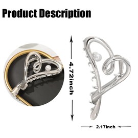KOLONAMS Valentine's Day Hair Claw Clip, Heart Pearl Design, Metal and Silver, 1 Count, 4.72inch, Hair Clip for Women