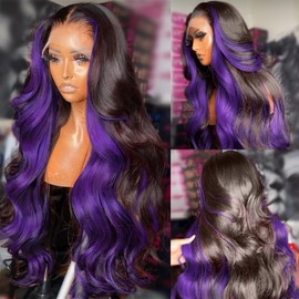 MARRY MOON 13x6 Highlight Purple Ombre Human Hair Wigs for Women 180% Density 13x6 Lace Frontal Black and Purple Lace Front Wigs Human Hair Body Wave Skunk Stripe Glueless Wig Pre Plucked (22inch)