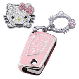 Pangpai Pink Car Accessories 3 Pcs for Toyota Fortuner Tundra Camry RAV4 Highlander Corolla Key Fob Cover with Bling Keychain Cute Push to Start Button Cover