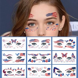 10 Sheets Independence Day Temporary Tattoos Stickers for USA 4th of July Face Eye Art Decoration American Fourth Patriotic Flag Star Pattern Fake Tattoo for Kids Adult Makeup Parade Accessories