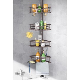 Corner Shower Caddy Tension Pole: Rustproof Stable 4-Tier Bathroom Organizer Shelves for Bathtub Shampoo Storage - 47-121 Inch Quick Install Adjustable Floor Standing Rack with Soap Rack - Bronze