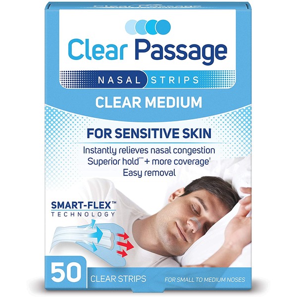 Clear Passage Nasal Strips Medium, Clear, 50 ct | Works Instantly to Improve Sleep, Reduce Snoring, Relieve Nasal Congestion Due to Colds & Allergies