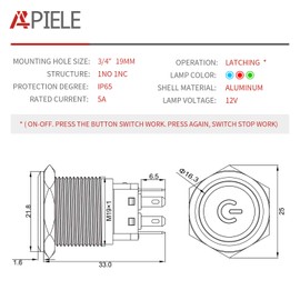 APIELE 19mm Latching Push Button Switch 3/4" 12V DC Black Shell Power Symbol LED with Socket Plug 1NO1NC SPDT ON/Off (Green/Black Shell)