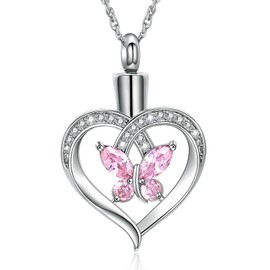 shajwo Heart Urn Necklace for Ashes for Women Butterfly Cremation Jewelry Crystals Ash Loved One Memorial Pendant,Pink