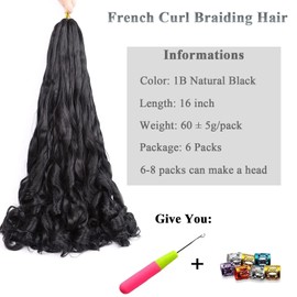 Viovian 6Packs French Curly Braiding Hair 16Inch 1B# Natural Black French Curls Braiding Hair Pre Stretched Spanish Curly Braiding Hair Deep Wave Synthetic Hair Extensions for Women(16inch)