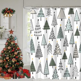 YOSTEV Christmas Shower Curtain, Colorful Christmas Tree Shower Curtains for Bathroom, Grey Green Winter Holiday Shower Curtain, Merry Christmas Xmas Pine Fabric Cloth Bath Decor Curtain, 72x72 Inch