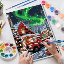 Skyboda Christmas Paint by Numbers Kit for Adults Beginners with Frame, Christmas Tree Adult Paint by Number Kits on Canvas, Easy DIY Oil Painting Kits for Home Decor, 8x12in（Truck House Aurora）