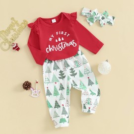 FYBITBO My First Christmas Baby Girl Boy Outfit Long Sleeve Romper Onesie Top+Pants+Headband Fall Winter Clothes (My 1st Christmas tree,12-18 Months)
