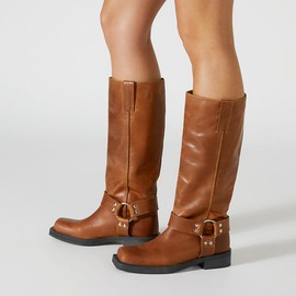 FIFSY Women's Knee High Boots Buckle Boots for Women Slip On Riding Boots Squared Toe Low Chunky Heel Tall Motorcycle Boots Women's Low Heel 1-2" Boots Dance Long Boots US9.5